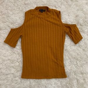 Kendall & Kylie Ribbed Mock Neck Open Shoulder Top